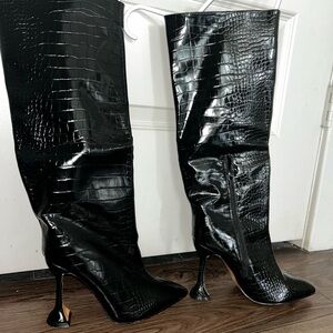Black Croc-Embossed Knee-High Boots
